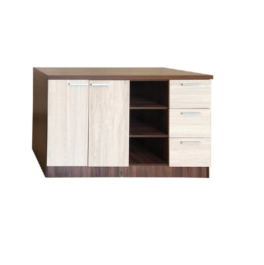 A wooden cabinet featuring two drawers and a single door, showcasing a classic design and natural finish.