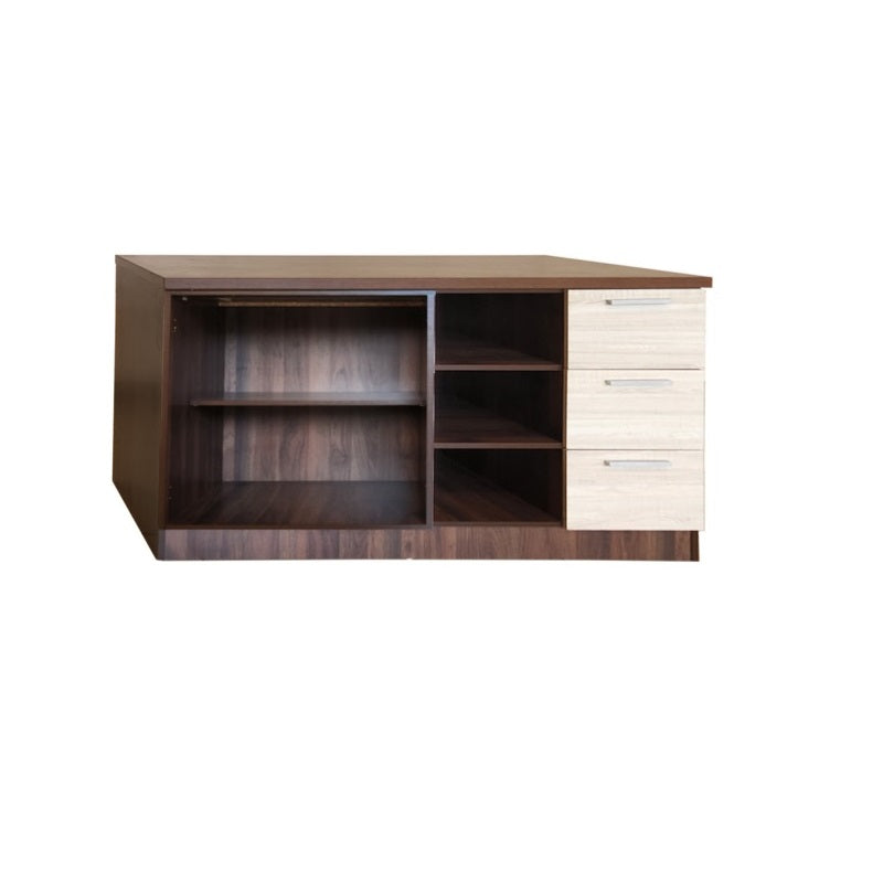 A wooden cabinet featuring two drawers and a single door, showcasing a classic design and natural finish.
