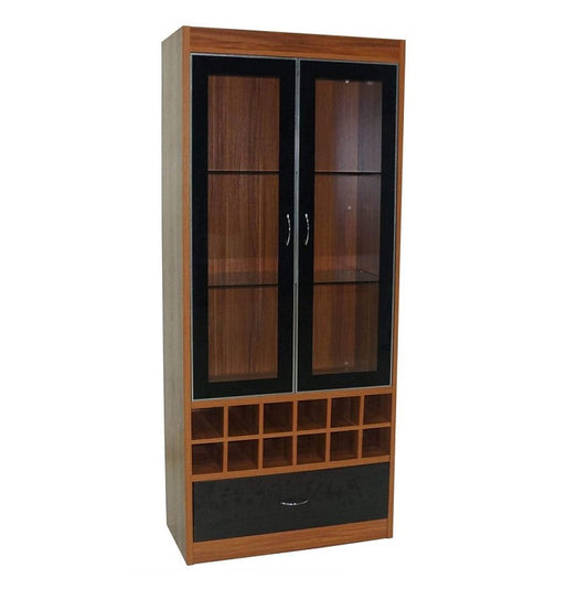 A tall glass cabinet featuring two doors, showcasing its elegant design and transparent storage space.
