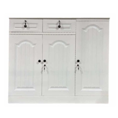 A wooden sideboard equipped with two drawers and a cabinet, blending elegance and practicality in home decor.