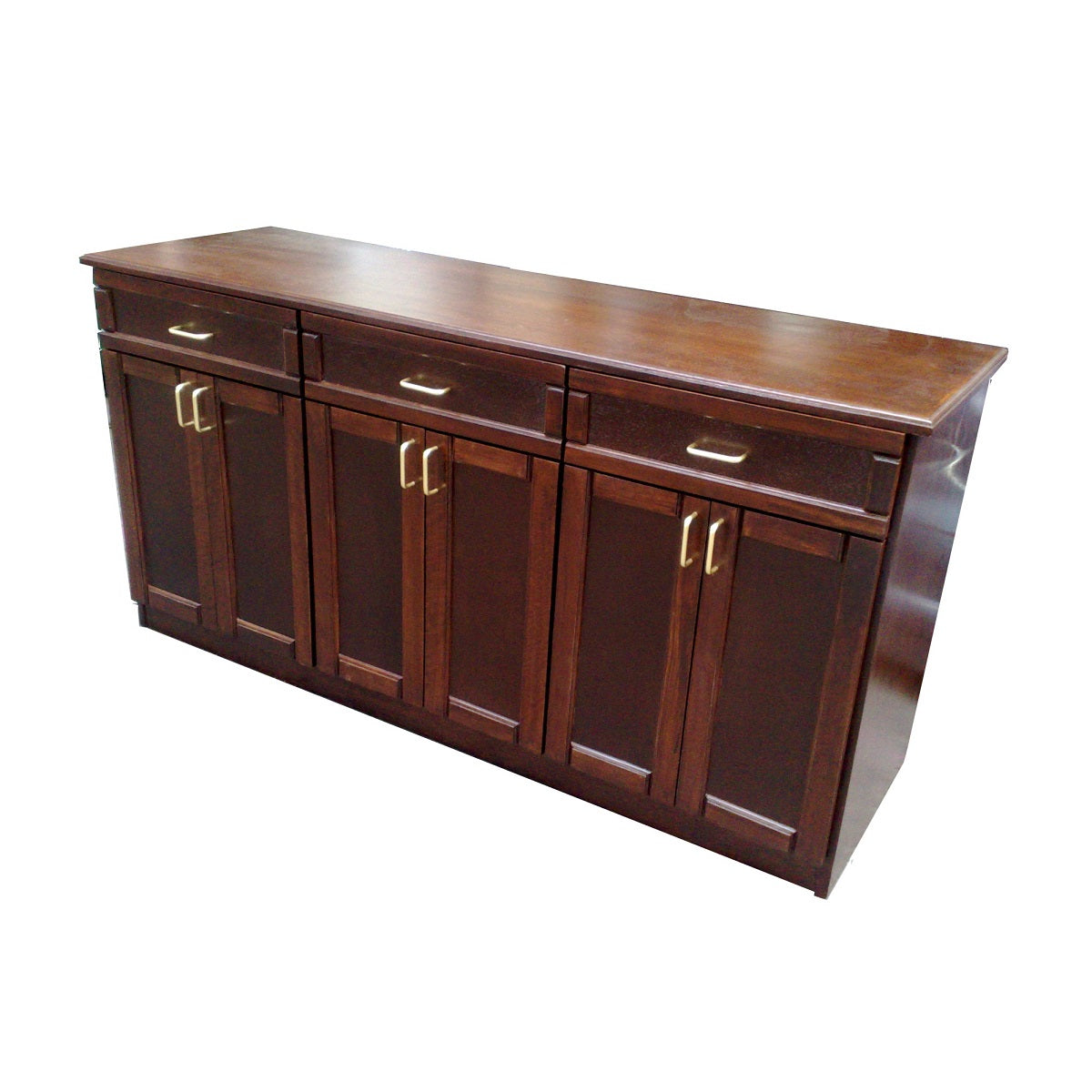 A wooden sideboard equipped with two drawers and a cabinet, blending elegance and practicality in home decor.