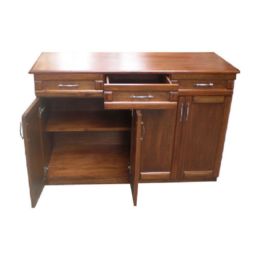 A wooden sideboard equipped with two drawers and a cabinet, blending elegance and practicality in home decor.