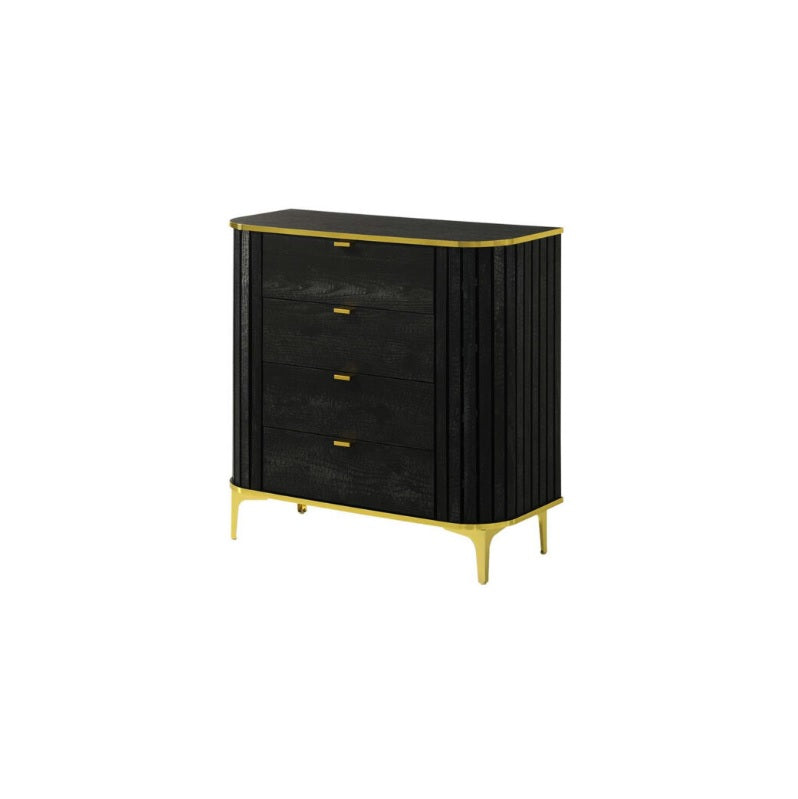 A stylish black and gold chest of drawers featuring three spacious drawers for elegant storage solutions.