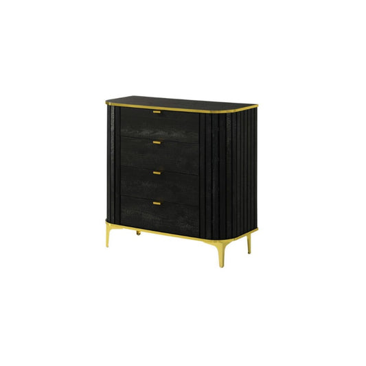 A stylish black and gold chest of drawers featuring three spacious drawers for elegant storage solutions.