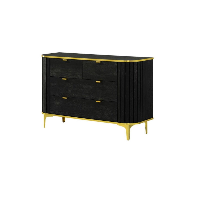 A stylish black and gold chest of drawers featuring three spacious drawers for elegant storage solutions.