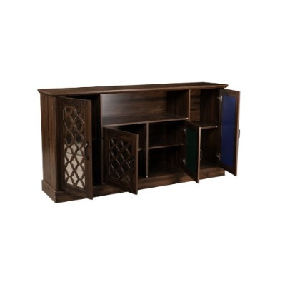 Elegant wooden cabinet with glass doors and drawers, perfect for displaying items while providing functional storage.