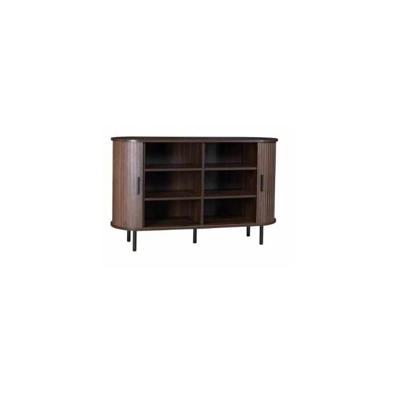 A wooden cabinet featuring two drawer door, showcasing a classic design and natural finish.
