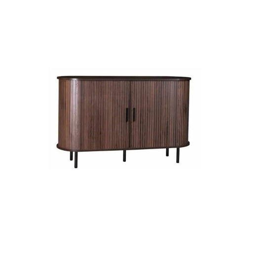 A wooden cabinet featuring two door, showcasing a classic design and natural finish.