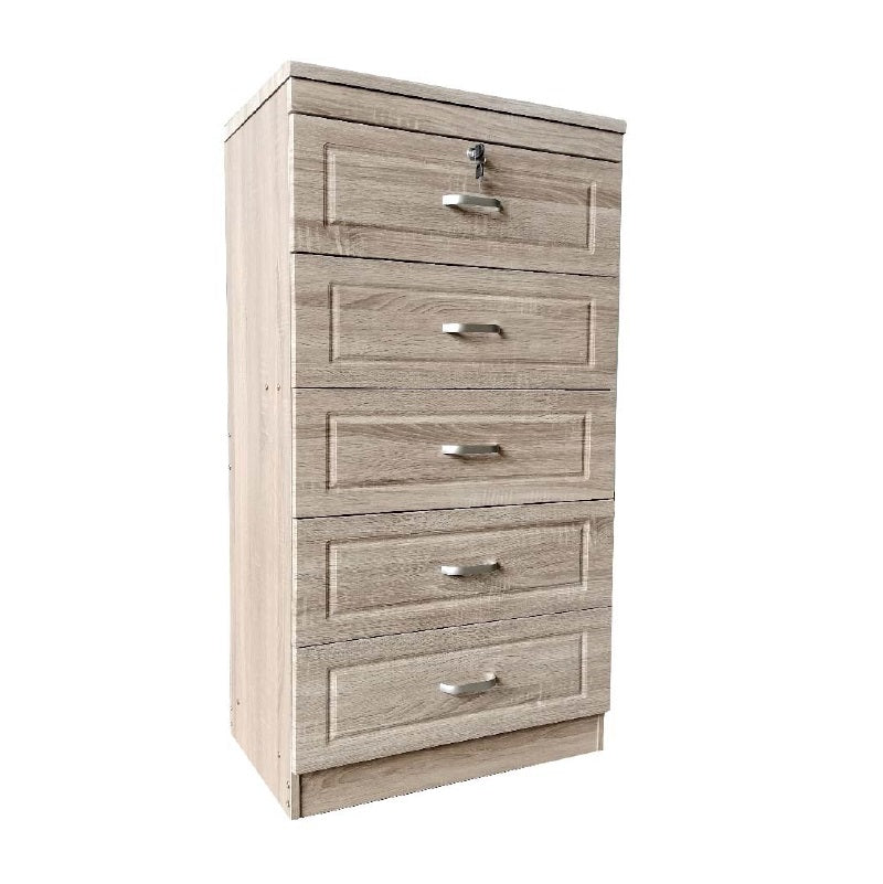 A tall wooden chest featuring five spacious drawers, showcasing a rich wood grain finish.