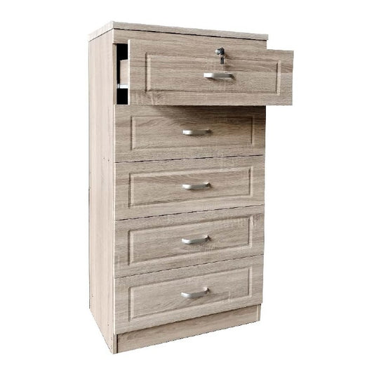 A tall wooden chest featuring five spacious drawers, showcasing a rich wood grain finish.