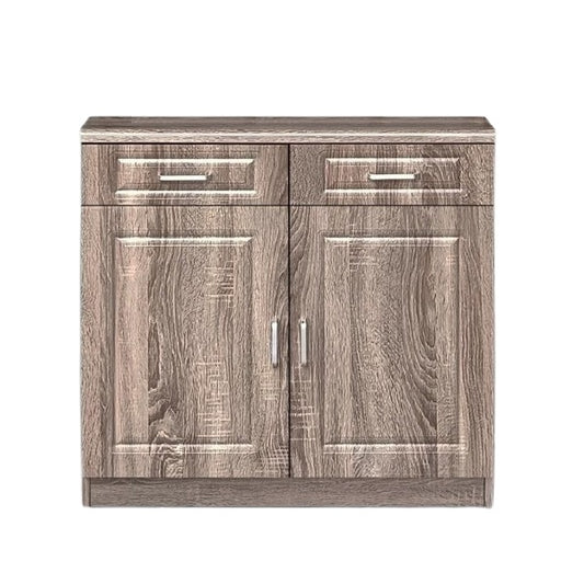 A sideboard featuring two doors and multiple drawers, elegantly designed for storage and display purposes.