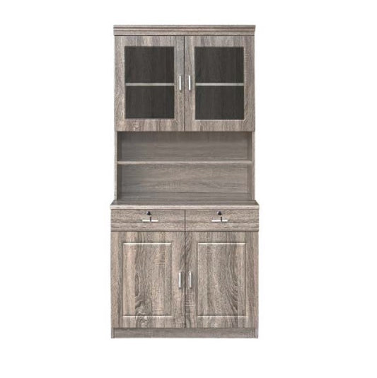 A wooden cabinet featuring glass doors and drawers, showcasing a blend of elegance and functionality in storage design.