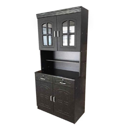 A stylish black cabinet with two solid doors and a glass door, perfect for displaying items while maintaining a contemporary look.