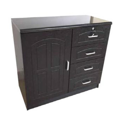 A sleek black cabinet featuring a polished marble top, showcasing a modern and elegant design.