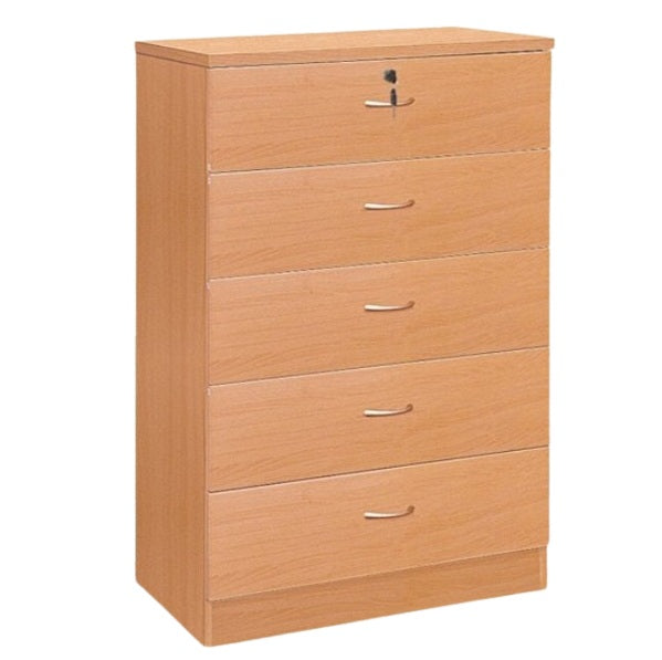 A tall wooden chest featuring five spacious drawers, showcasing a rich wood grain finish.