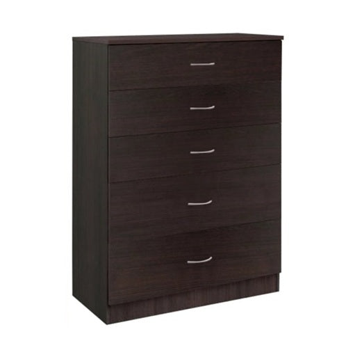A tall wooden chest featuring five spacious drawers, showcasing a rich wood grain finish.