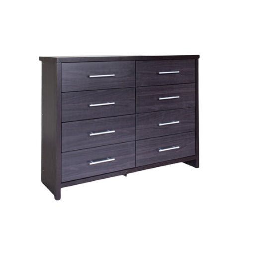 A contemporary dark brown dresser with eight drawers, offering ample storage in a chic design.