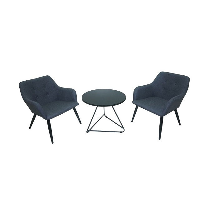 A minimalist setup featuring a black table flanked by two chairs, ideal for dining or casual meetings.