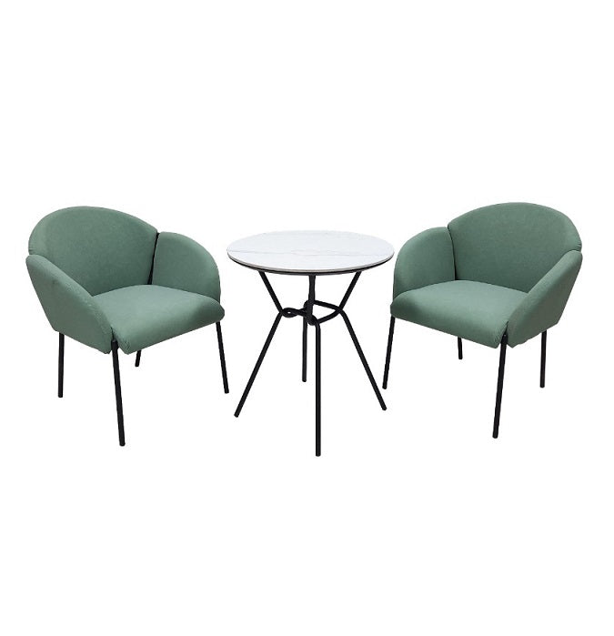 A round table accompanied by two chairs, designed for intimate gatherings or casual meetings.