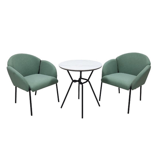 A round table accompanied by two chairs, designed for intimate gatherings or casual meetings.