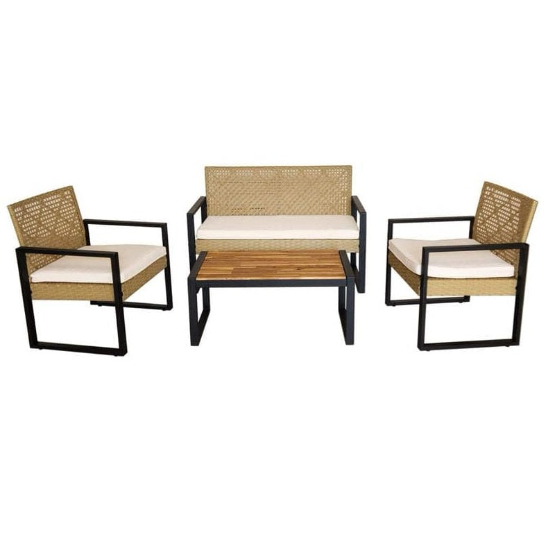 Elegant outdoor patio furniture set comprising four chairs and a coffee table, ideal for enjoying leisure time outdoors.