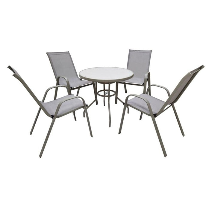 A circular table with a white surface and four surrounding chairs, ideal for gatherings.