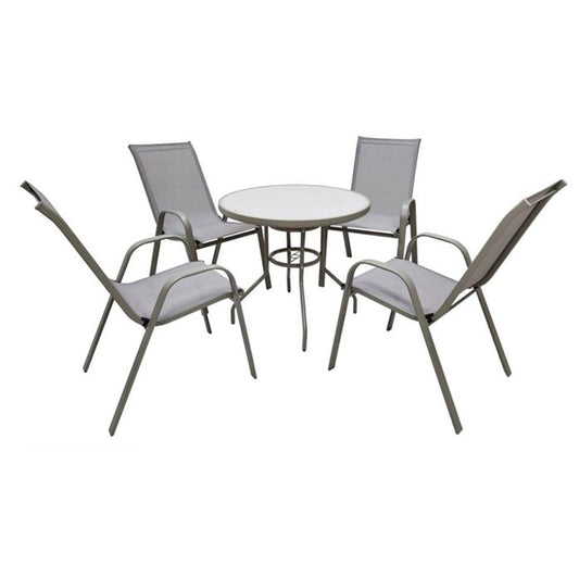 A circular table with a white surface and four surrounding chairs, ideal for gatherings.