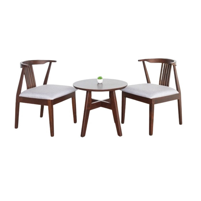 A compact white table with two matching chairs, ideal for intimate gatherings or casual dining.