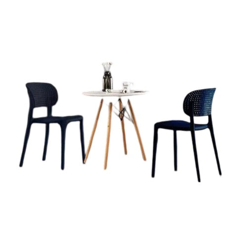 A minimalist scene featuring a white table and two chairs, perfect for casual dining or conversation.