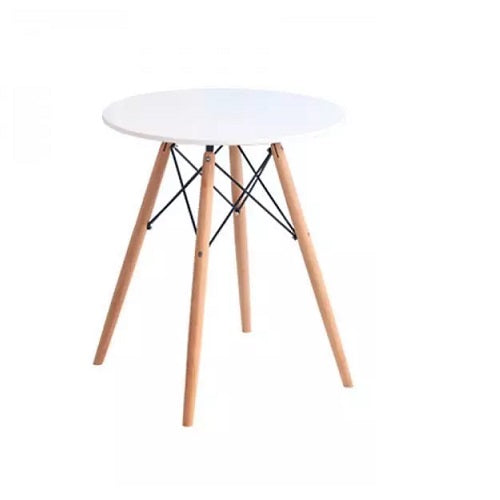 A minimalist scene featuring a white table and two chairs, perfect for casual dining or conversation.