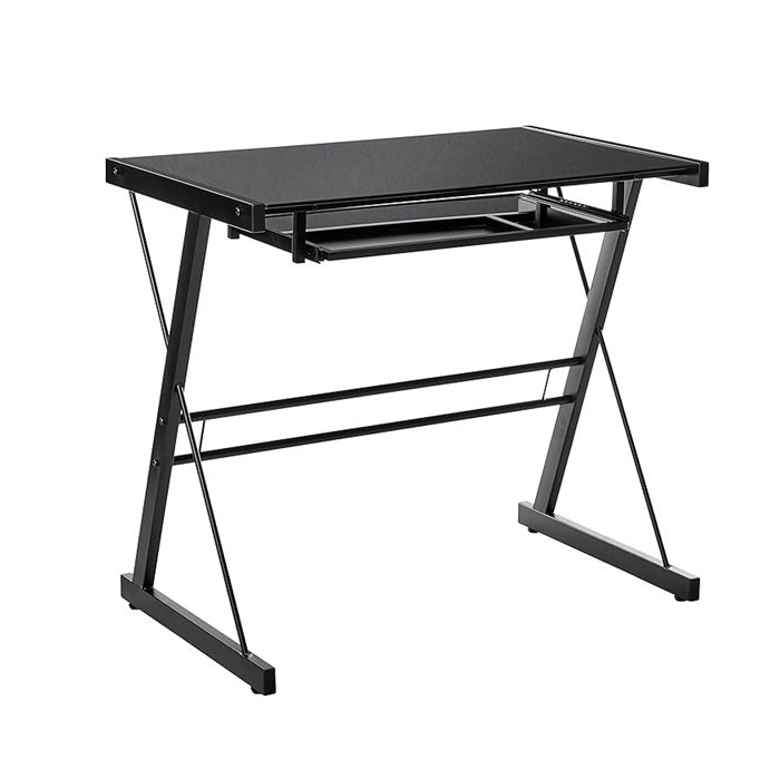 A contemporary black computer desk supported by a robust metal frame, perfect for enhancing productivity in any office setting.