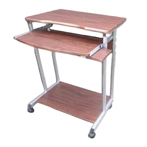 A compact desk featuring wheels, designed for mobility and convenience in various work environments.