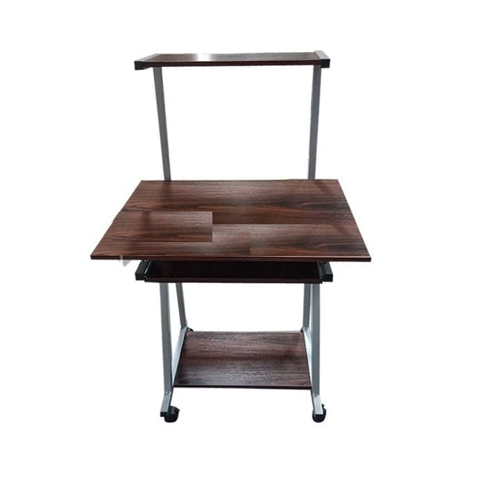 A compact desk featuring wheels, designed for mobility and convenience in various work environments.