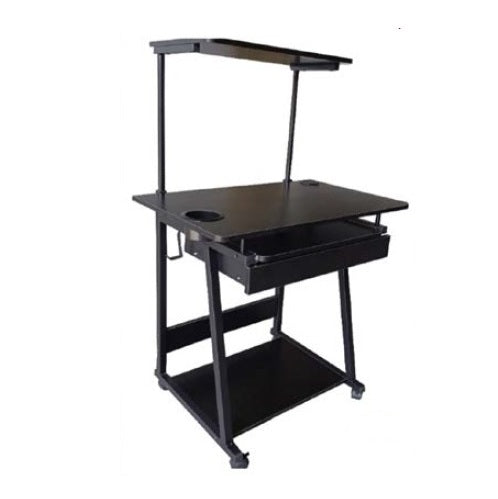 A modern black computer desk equipped with a laptop and a monitor, ideal for a professional work environment.