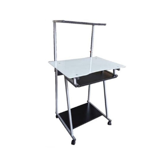 A modern black computer desk equipped with a laptop and a monitor, ideal for a professional work environment.