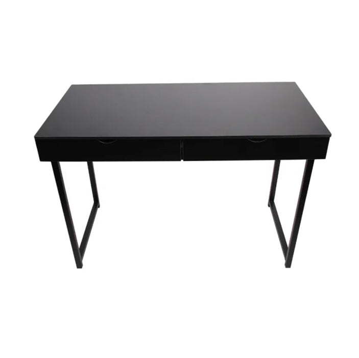 A modern black desk equipped with two drawers, highlighted by a unique pink drawer, adding a pop of color to the workspace.