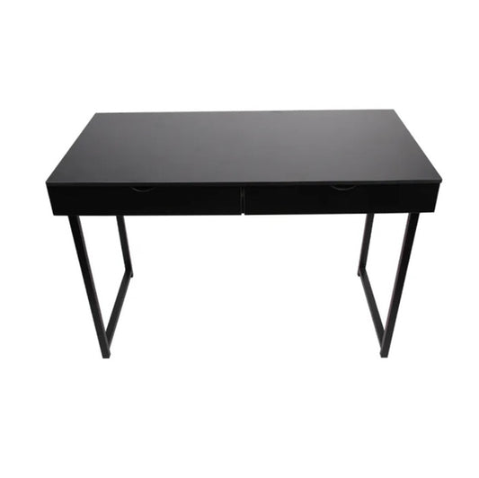 A modern black desk equipped with two drawers, highlighted by a unique pink drawer, adding a pop of color to the workspace.