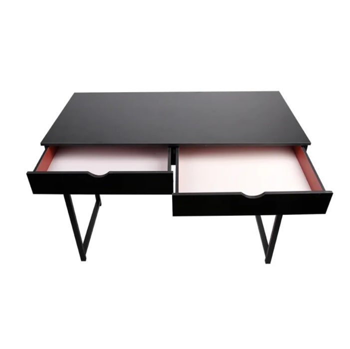A modern black desk equipped with two drawers, highlighted by a unique pink drawer, adding a pop of color to the workspace.