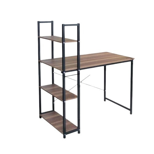 A stylish computer desk with a wooden surface and sturdy black metal legs, perfect for home or office use.