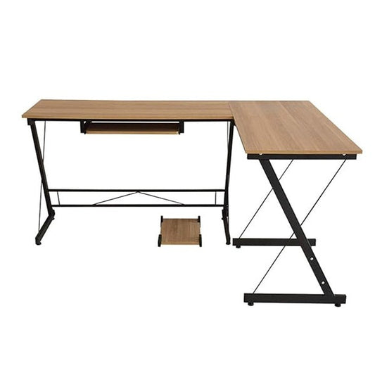 A stylish computer desk with a wooden surface and sturdy black metal legs, perfect for home or office use.