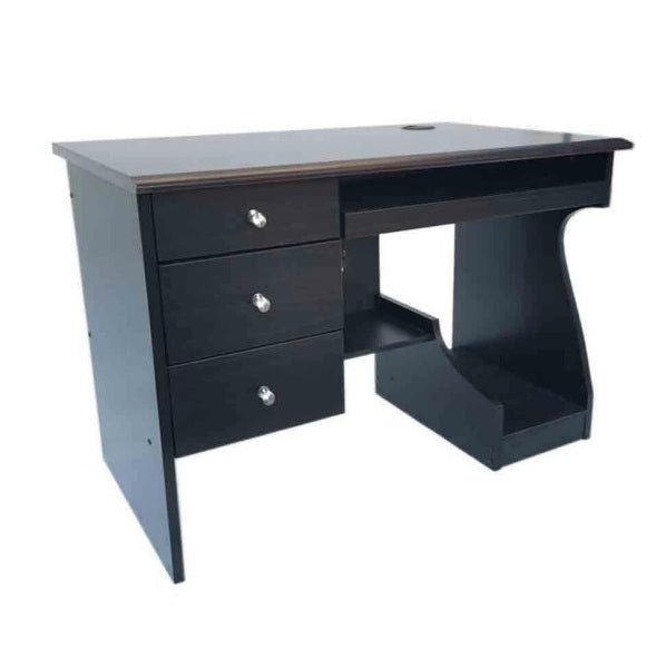 A compact desk setup with a laptop and a chair, perfect for a small office or study area.