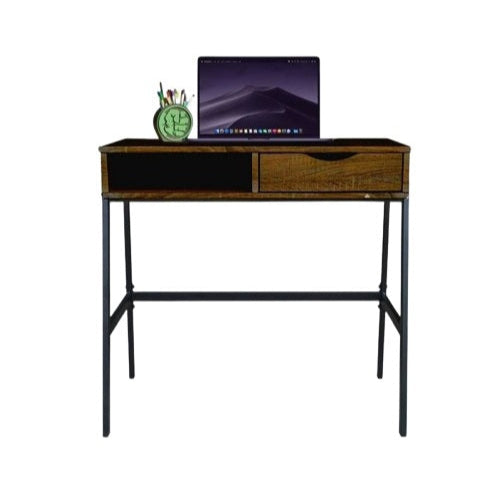 A laptop on a desk, elevated by a laptop stand, showcasing a modern workspace setup.