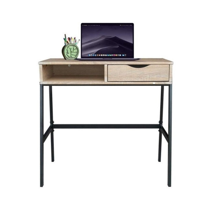 A laptop on a desk, elevated by a laptop stand, showcasing a modern workspace setup.