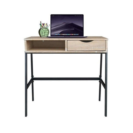 A laptop on a desk, elevated by a laptop stand, showcasing a modern workspace setup.