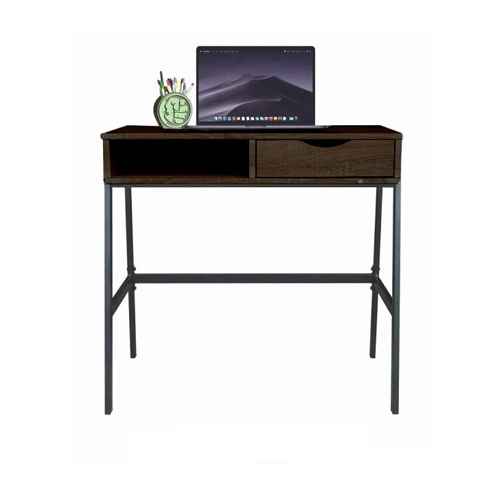 A laptop on a desk, elevated by a laptop stand, showcasing a modern workspace setup.