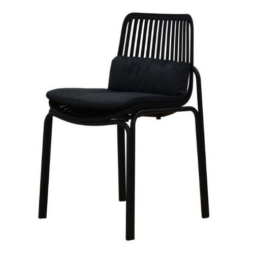 A sleek black chair featuring a matching black seat and back, showcasing a minimalist design.