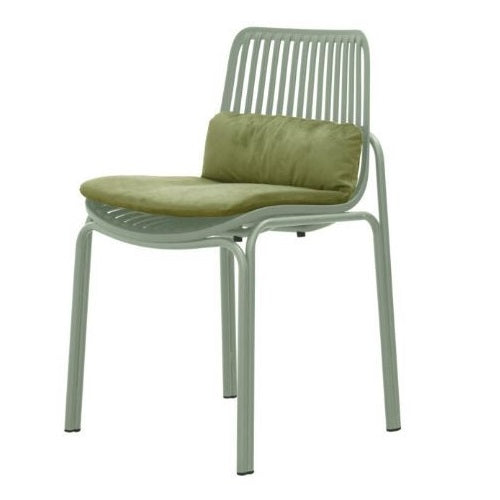 A stylish chair with a metal frame, complemented by a plush green cushion for added comfort and aesthetic appeal.