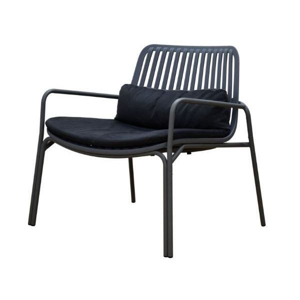 A sleek black chair featuring a matching black seat and back, showcasing a minimalist design.