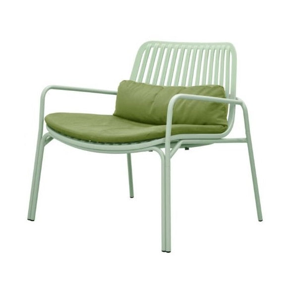 A stylish chair with a metal frame, complemented by a plush green cushion for added comfort and aesthetic appeal.