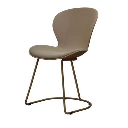 A chair featuring a sturdy metal frame and a sleek seat, designed for modern interiors.